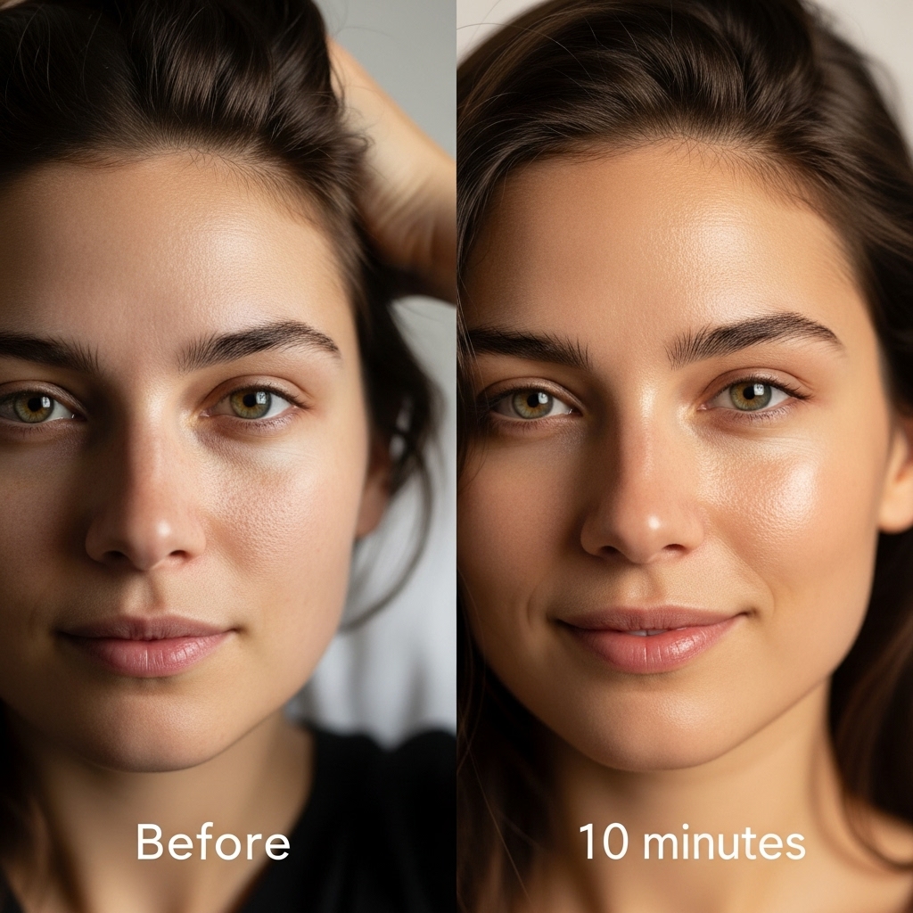before and after. LEFT SIDE: Close-up of a woman just waking up, tousled hair, slightly dull complexion, natural bedroom lighting.