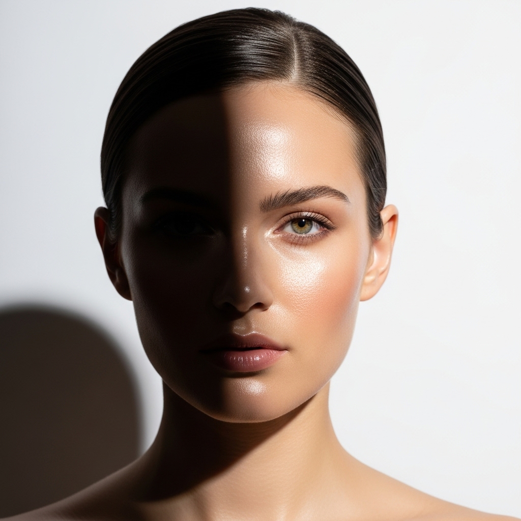 Candid lifestyle shot of a woman in her bathroom mirror, mid-routine, wearing a cozy robe.
