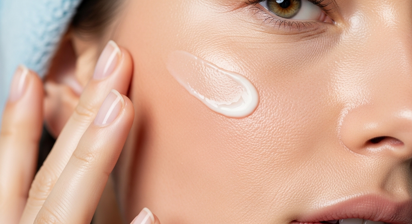 Overhead flat lay on a marble bathroom counter. Elegant skincare bottles arranged in a circular morning routine sequence: