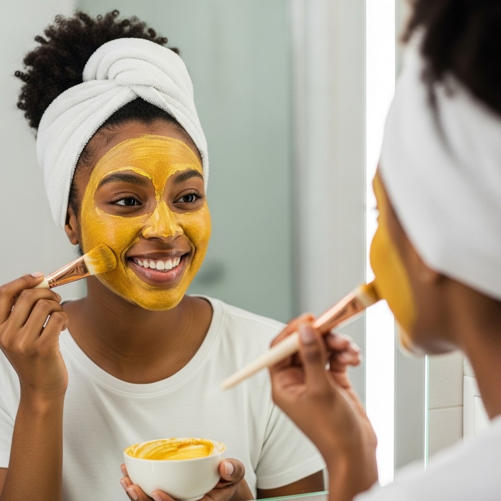 African American woman in her 30s with natural hair in a bun, wearing white towel headband, smiling while applying golden yellow turmeric face mask with a cosmetic brush.