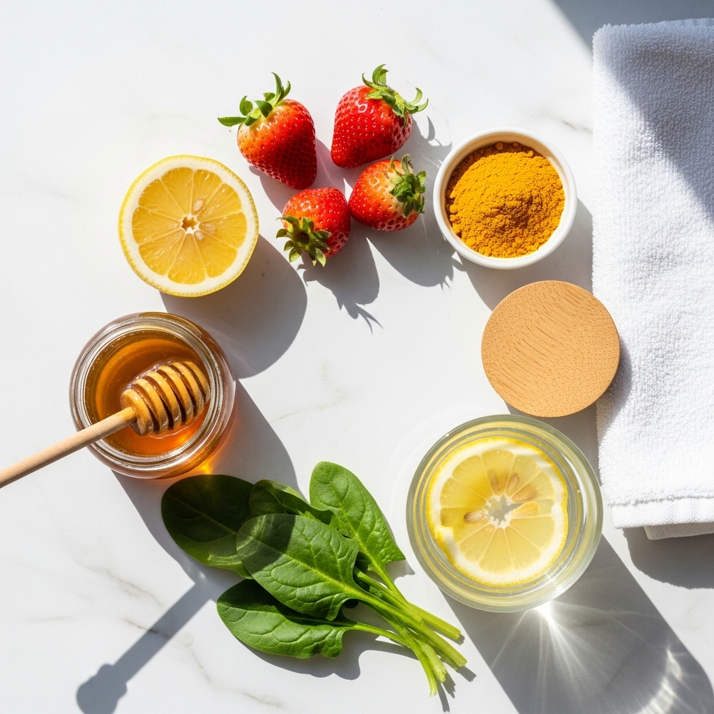 A bright, airy flatlay photograph on a white marble surface featuring natural skincare ingredients: half a lemon, fresh strawberries, a small bowl of turmeric powder,