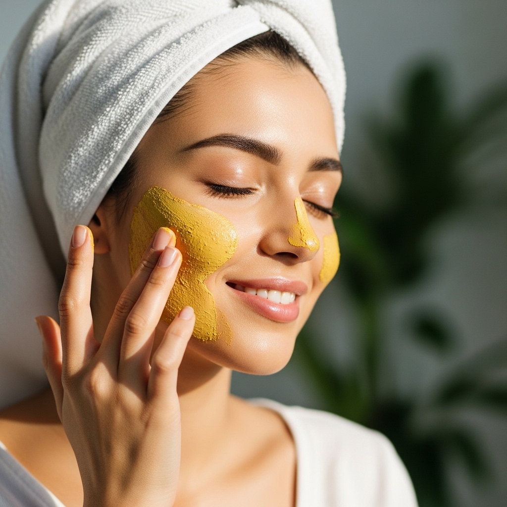 a young woman in her 20s-30s with glowing, healthy skin applying a natural yellow turmeric face mask to her cheek with her fingertips