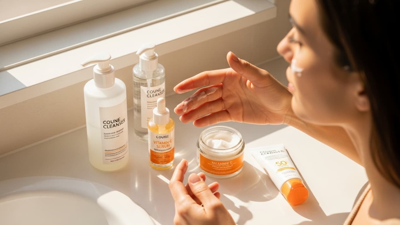 A bright, clean bathroom counter in soft morning light with skincare products