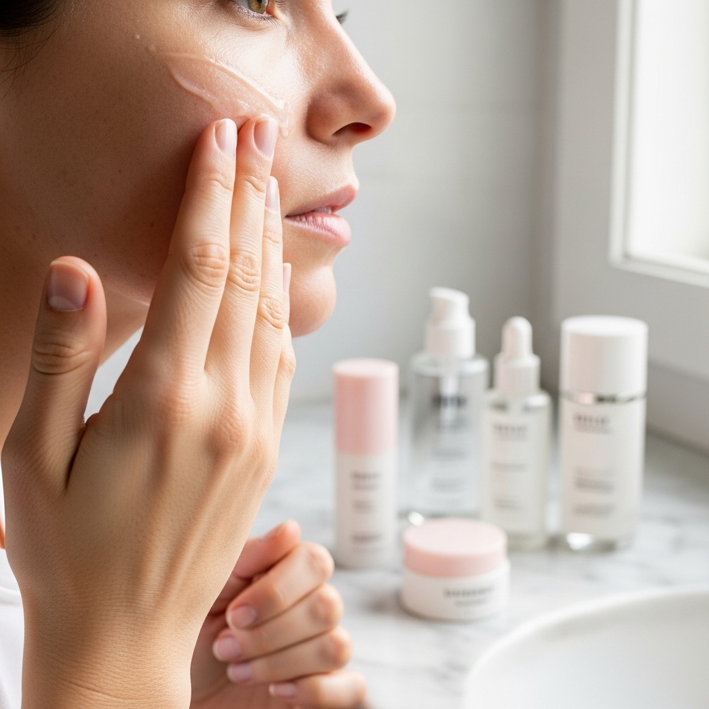 Close-up of a woman's face applying lightweight gel moisturizer with fingertips