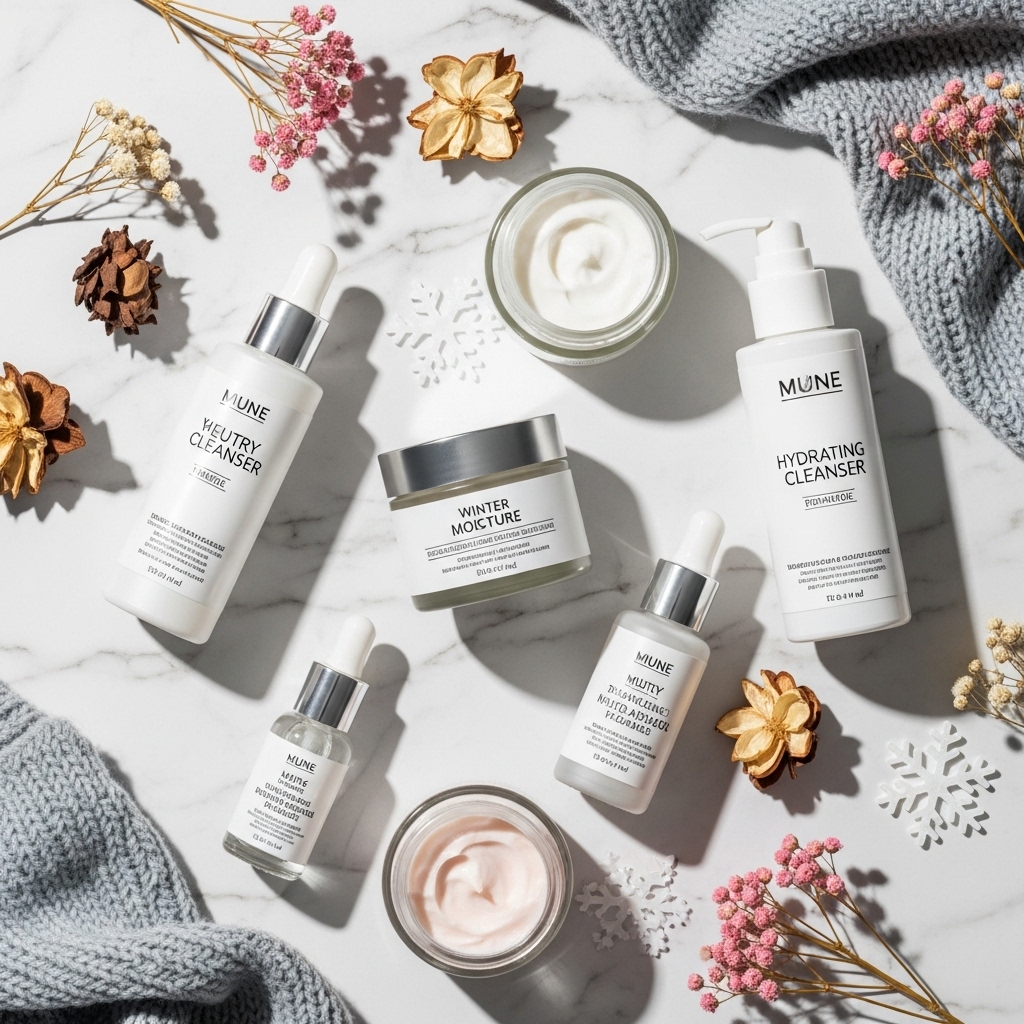Overhead flat lay of luxury winter skincare products
