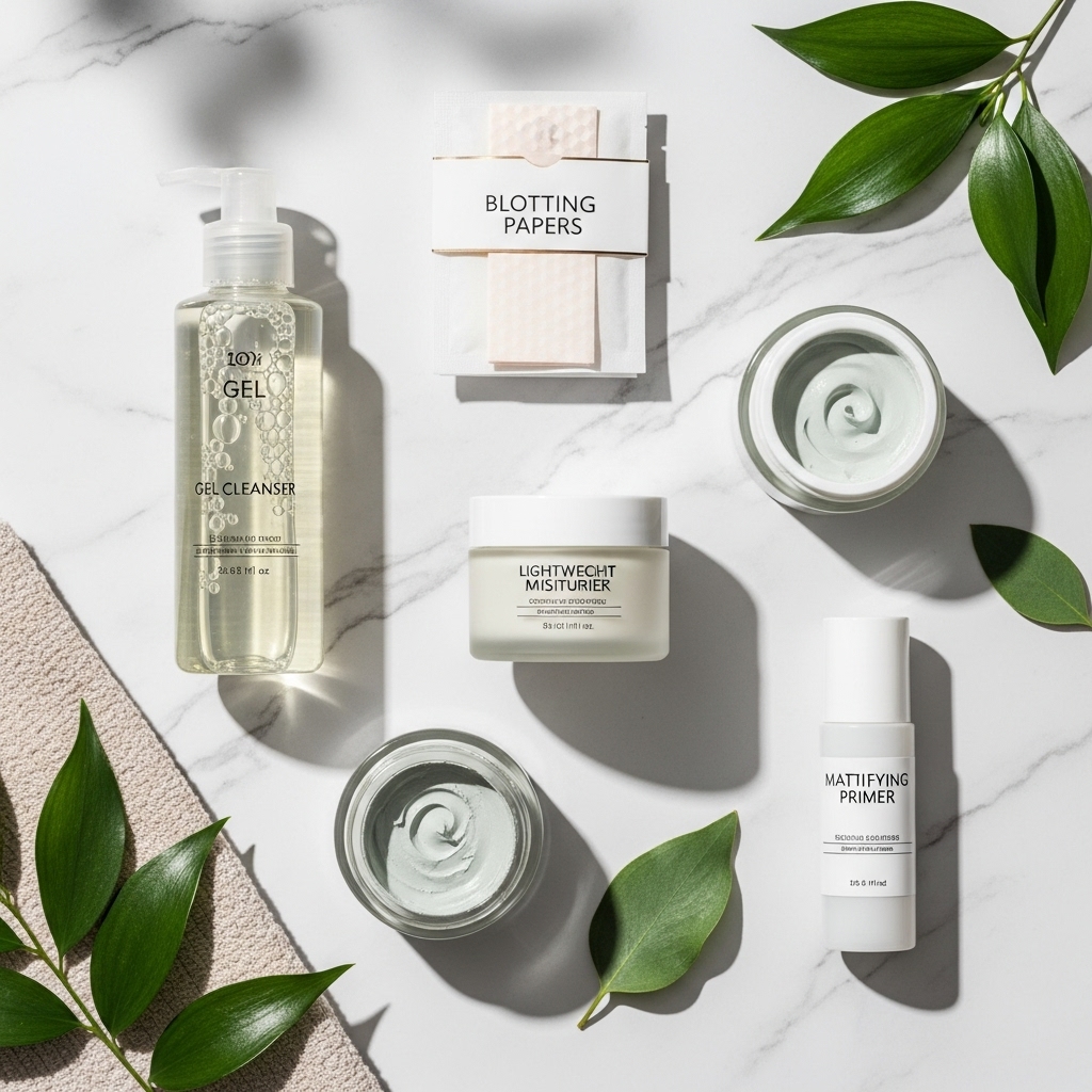 oily skin care products arranged aesthetically on a clean white marble surface.