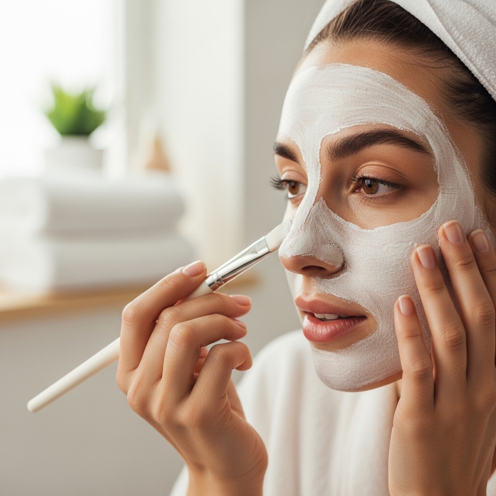 woman's hands applying a white clay mask to her face using a brush or fingertips.