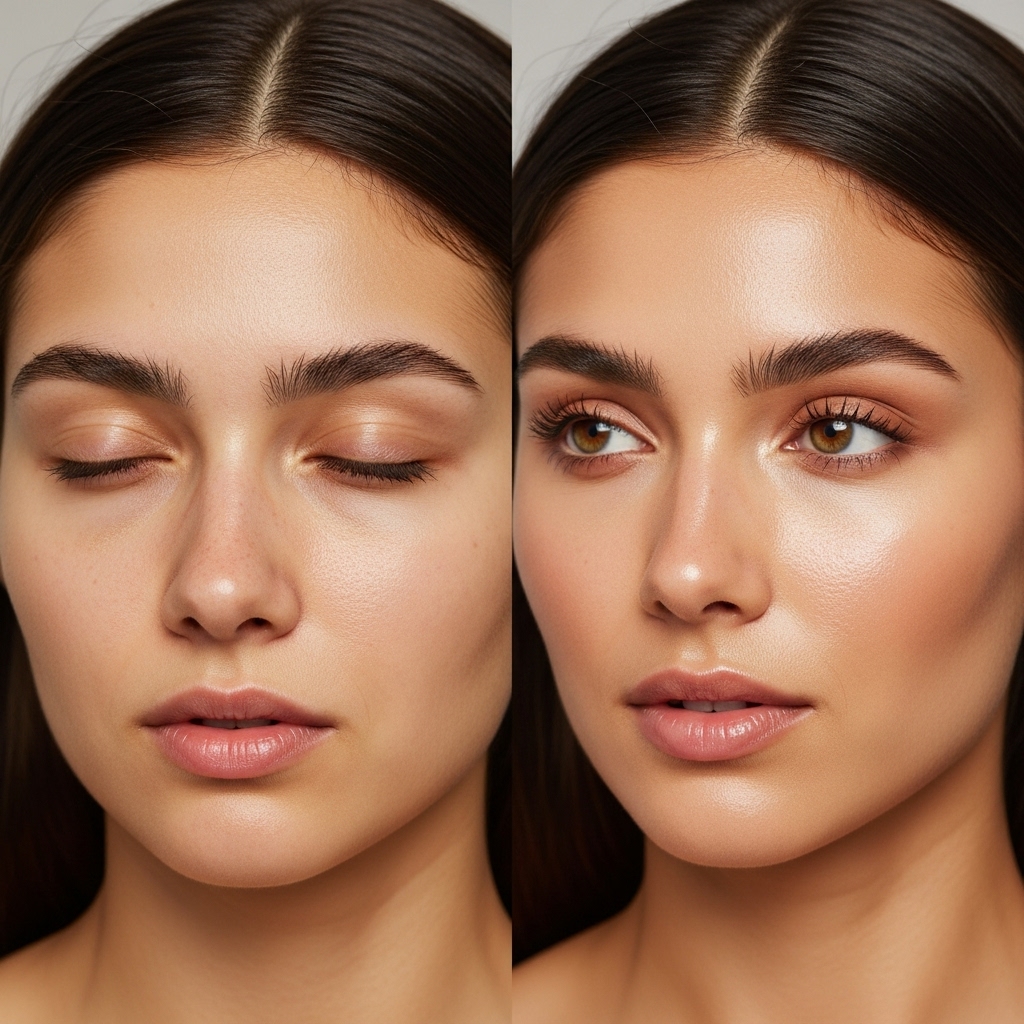 Split-screen comparison image showing the same woman's face. LEFT SIDE: tired, dull skin in the morning before skincare routine, looking sleepy.