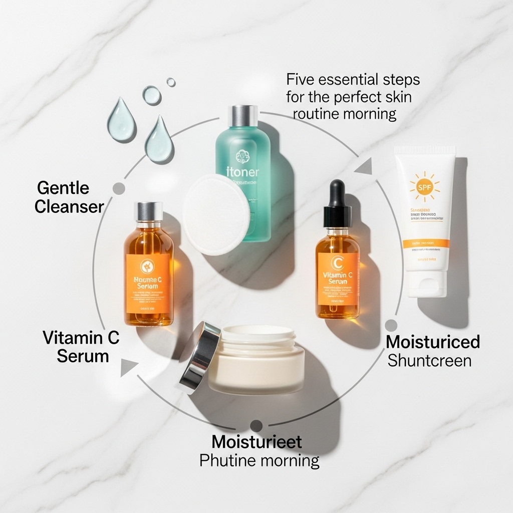 5 skincare steps arranged in a circle or timeline. Each step numbered 1-5 with corresponding product