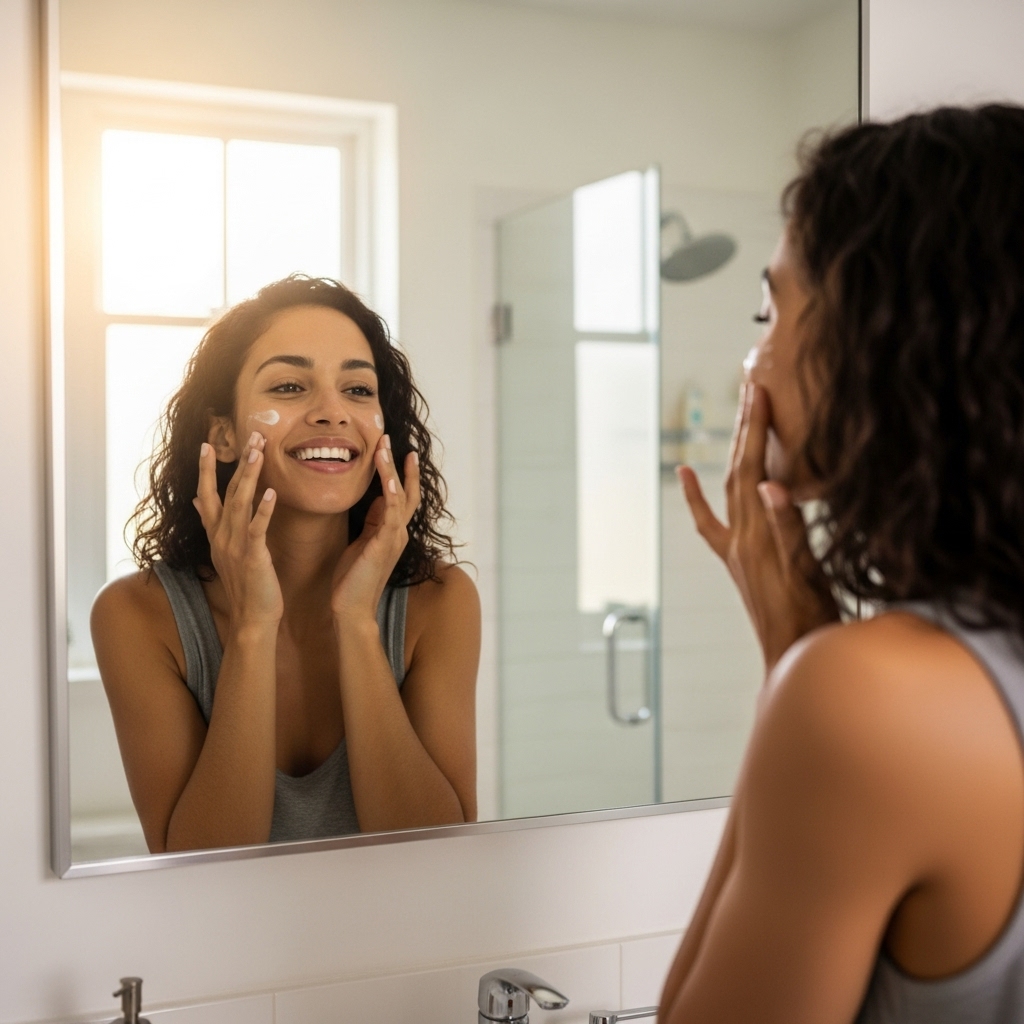 woman in her late 20s or early 30s standing in a bright, modern bathroom, smiling at her reflection in a large mirror while gently applying moisturizer to her cheeks.