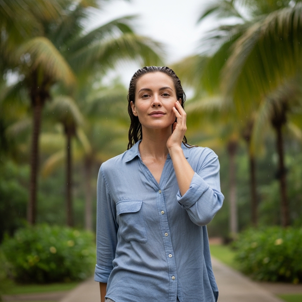 Woman walking outdoors in a lush, humid environment (palm trees, tropical setting), touching her face gently with one hand