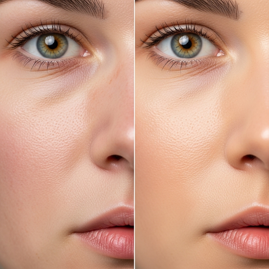 facial skin, left side showing dry flaky winter skin texture with redness and irritation