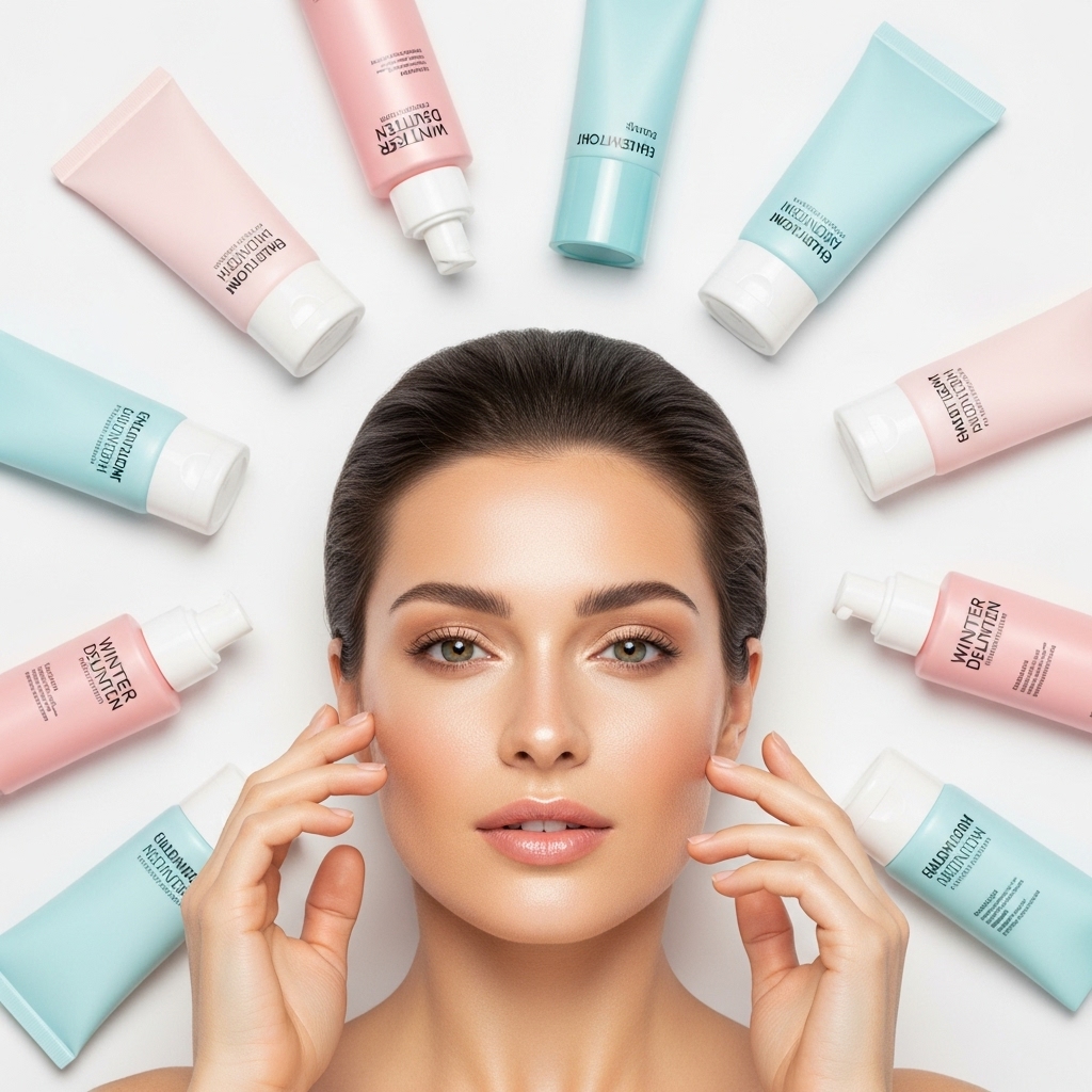 Overhead flat lay composition with woman's glowing face emerging from bottom of frame