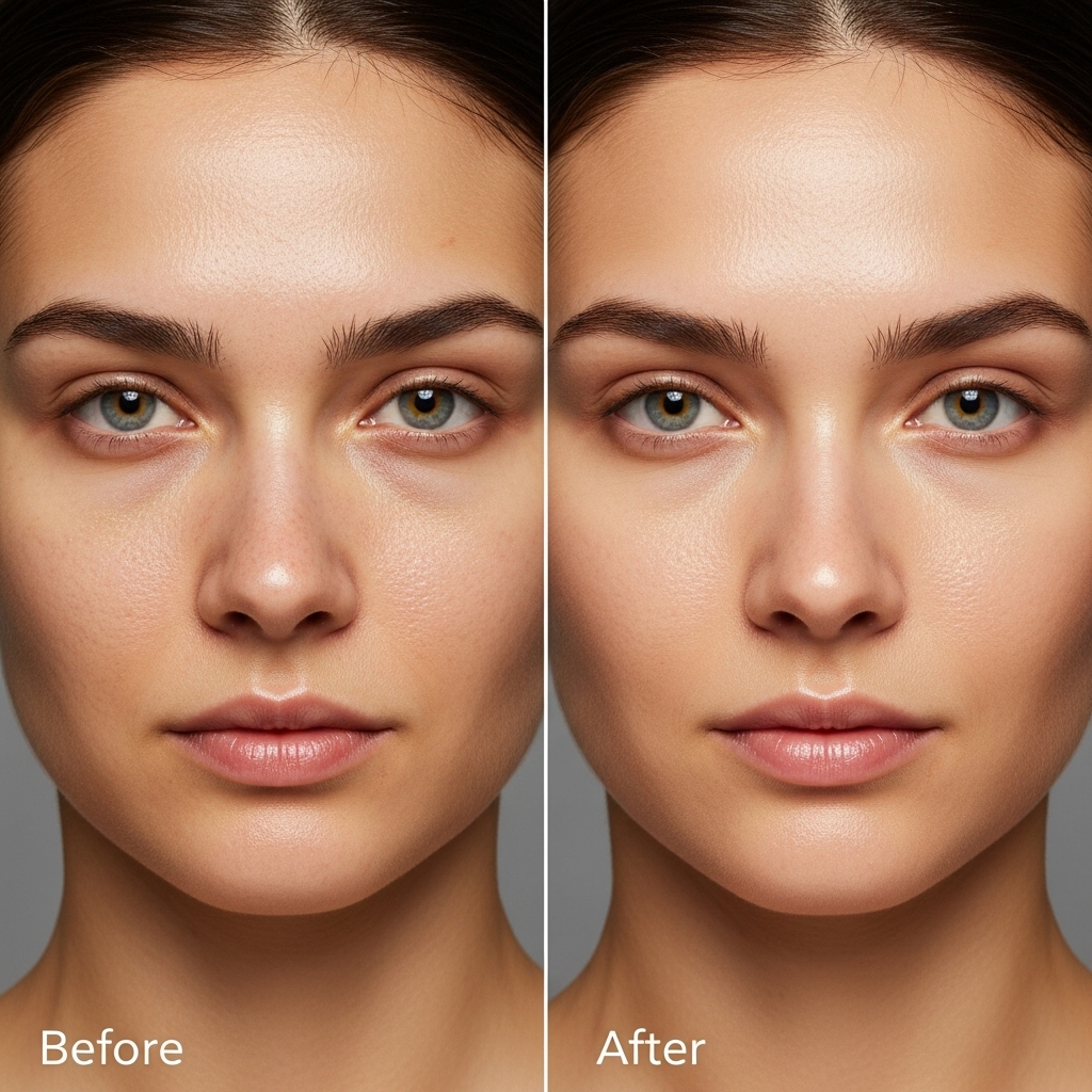 same woman's face, left side showing dull, congested skin with visible concerns, right side showing transformed glowing skin after proper humid winter routine