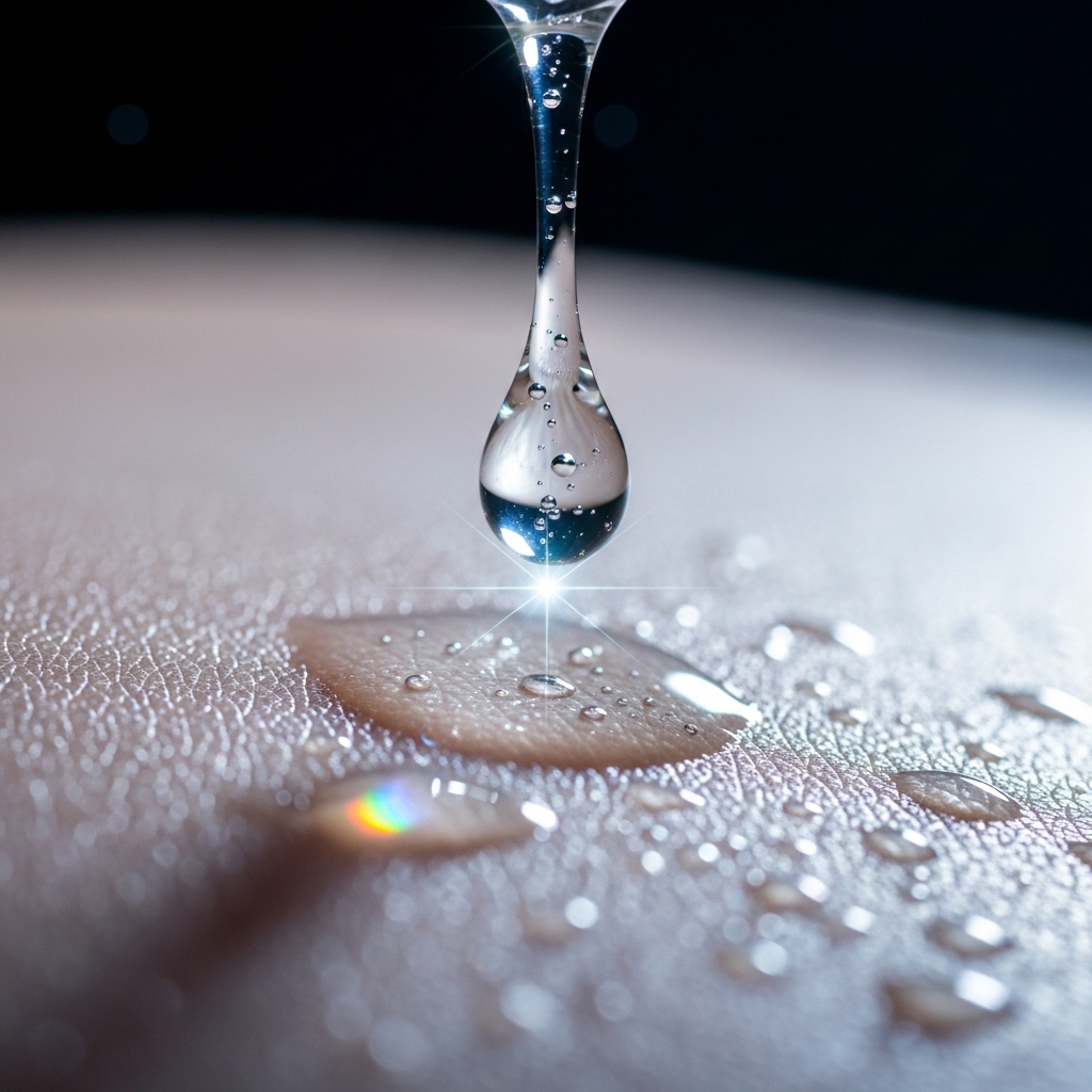 hyaluronic acid serum drop suspended in mid-air about to touch smooth skin surface