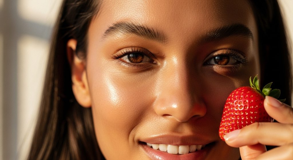 diverse woman in her late 20s with naturally radiant, dewy glowing skin, showcasing healthy skin texture with minimal makeup.