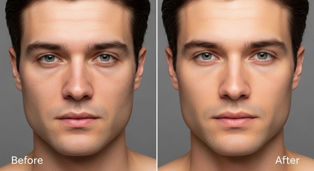 left side showing tired, dull skin with slight redness and uneven texture