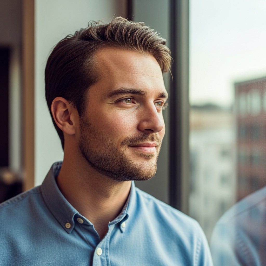 A well-groomed man in his early 30s with noticeably healthy, clear skin, dressed in casual business attire