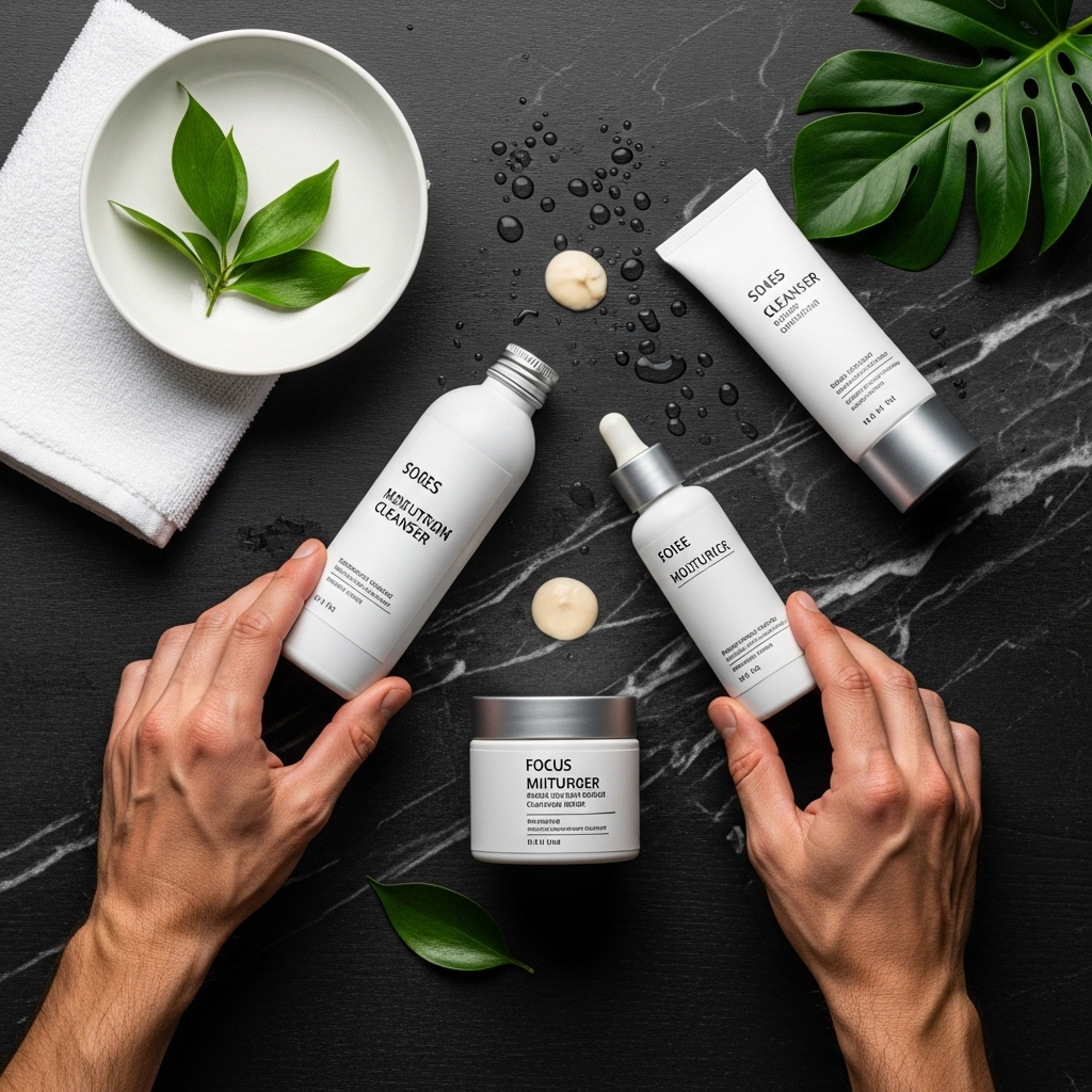 masculine hands arranging essential skincare product