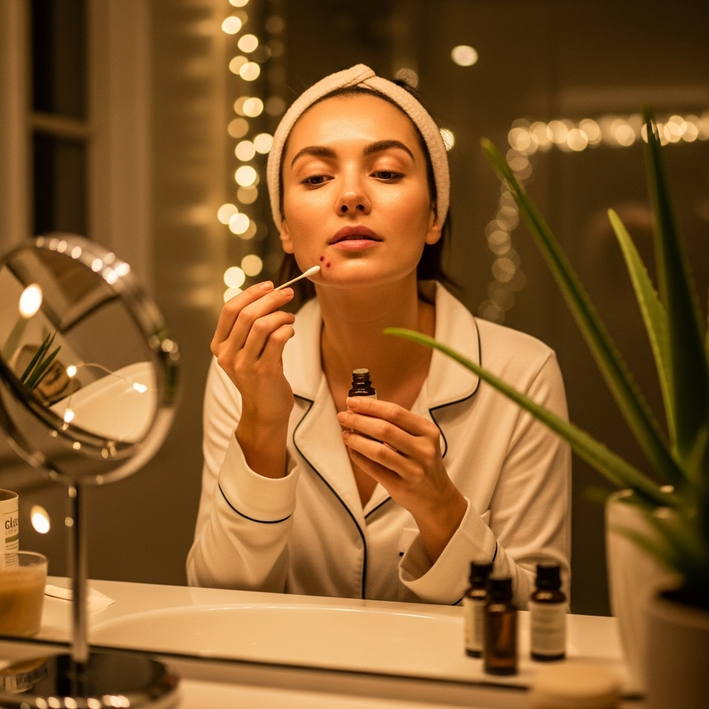 woman in her mid-20s sitting at bathroom vanity mirror at night, applying tea tree oil spot treatment with cotton swab to small blemish on chin.