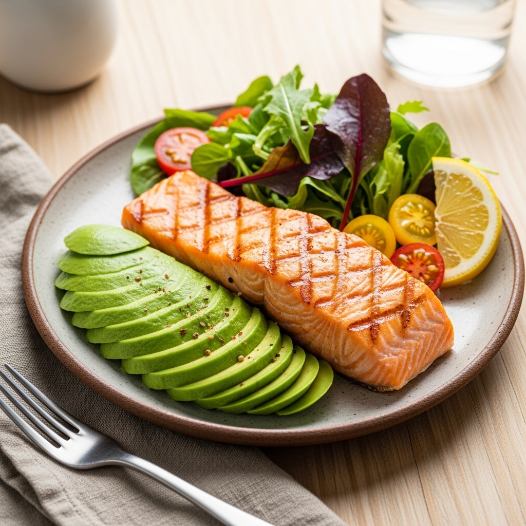 beautifully plated healthy meal on a rustic ceramic plate