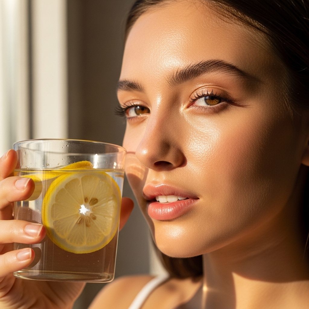 young woman with dewy, glowing skin holding a clear glass of water with lemon slices, natural morning sunlight streaming through a window creating soft highlights on her flawless complexion