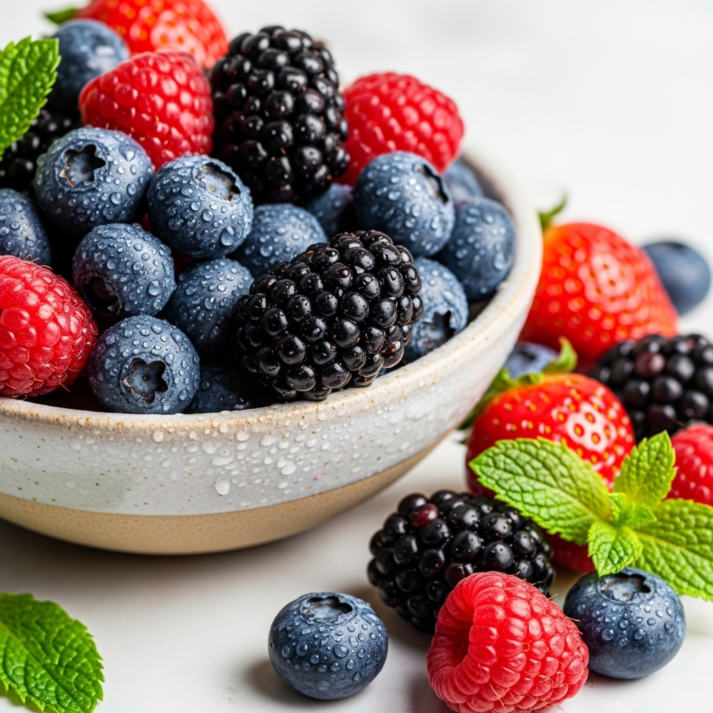 dewy mixed berries (blueberries, raspberries, blackberries, strawberries) in a handmade ceramic bowl, with water droplets visible on their surfaces catching the light.