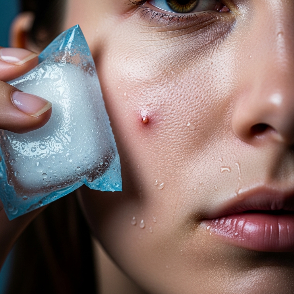 person's face holding wrapped ice cube against cheek near small blemish