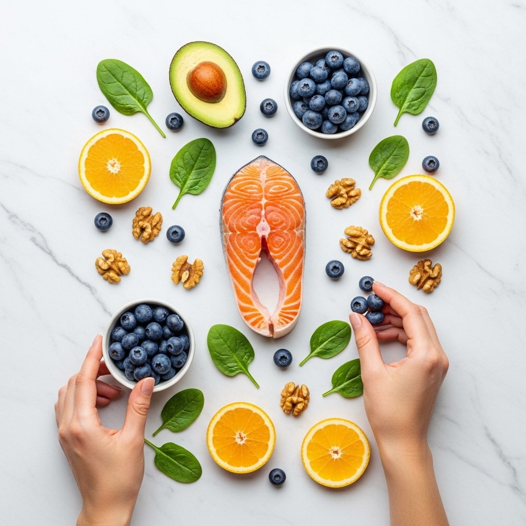 Overhead flat lay composition of colorful fresh foods arranged artistically - salmon fillet, blueberries, avocado, walnuts, spinach leaves, citrus slices on marble surface