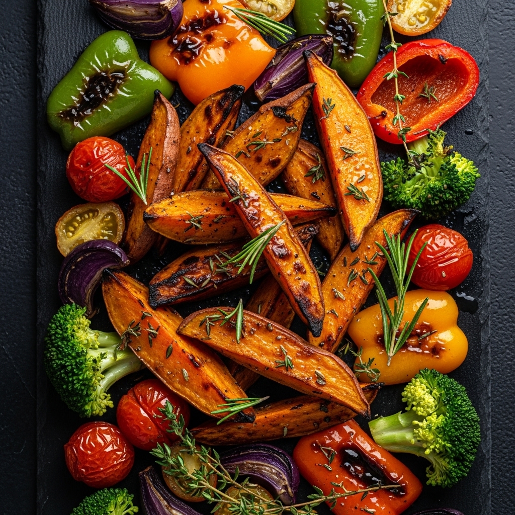 roasted sweet potato wedges with caramelized edges on a dark slate serving board, surrounded by other colorful roasted vegetables (bell peppers, broccoli florets, cherry tomatoes).