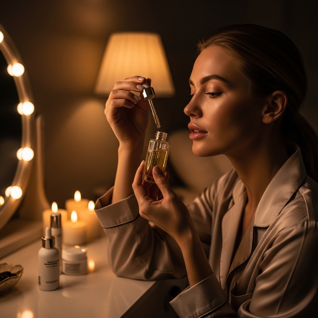 woman in her 30s with perfectly smooth, healthy skin applying serum with a dropper in a luxurious, dimly lit bedroom setting.