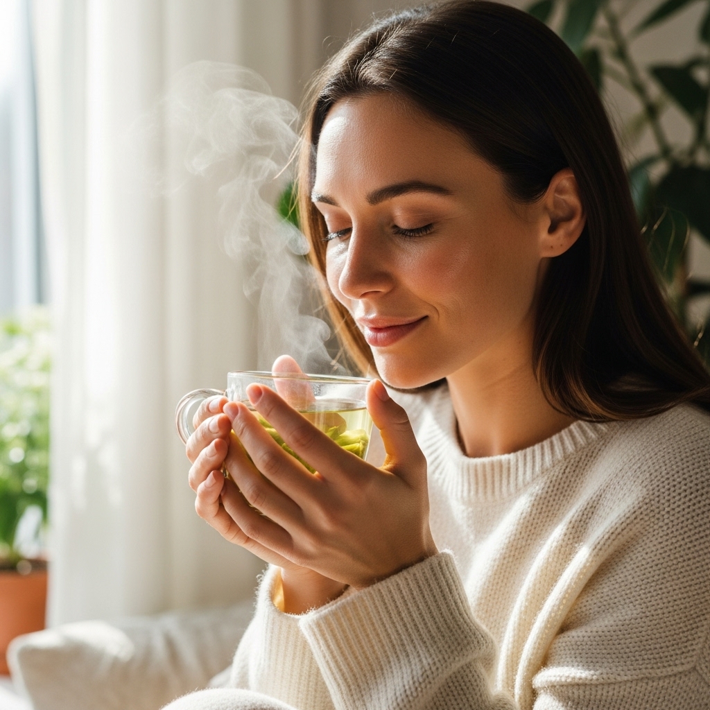 a relaxed woman in her 30s with healthy, glowing skin sitting by a bright window, holding a steaming cup of green tea in both hands near her face.