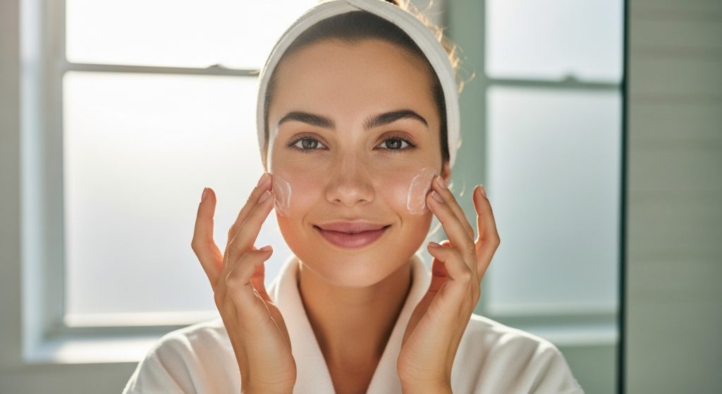 A beautiful woman in her late 20s with radiant, dewy skin applying facial cleanser in a bright, modern bathroom. 