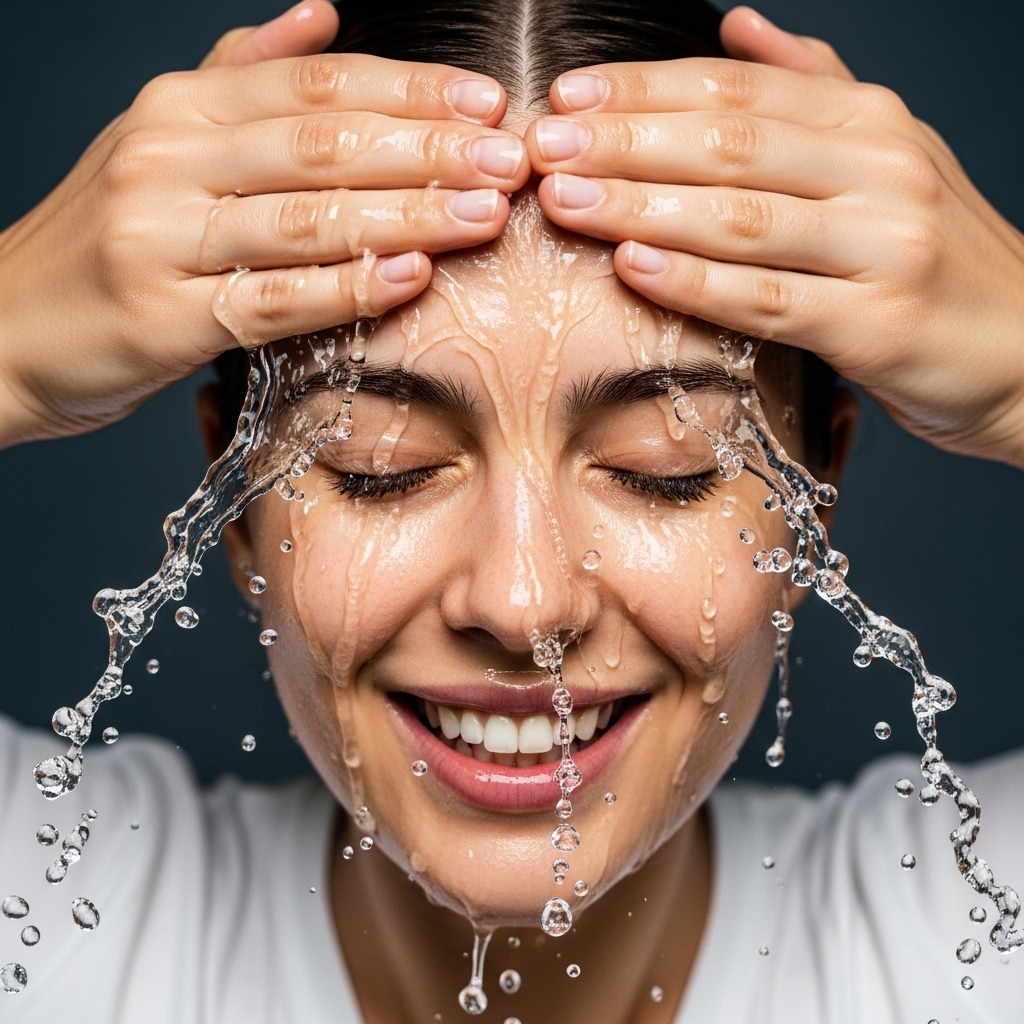  woman splashing cold water on her face, water droplets frozen mid-air catching light, genuine joyful expression