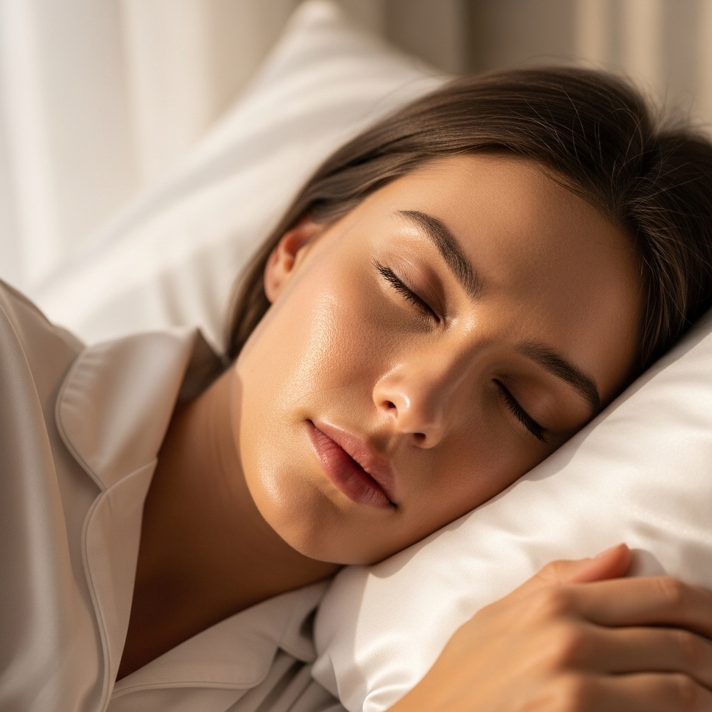 Peaceful woman sleeping on white silk pillowcase, serene facial expression, perfect smooth skin glowing in soft dawn light filtering through sheer curtains