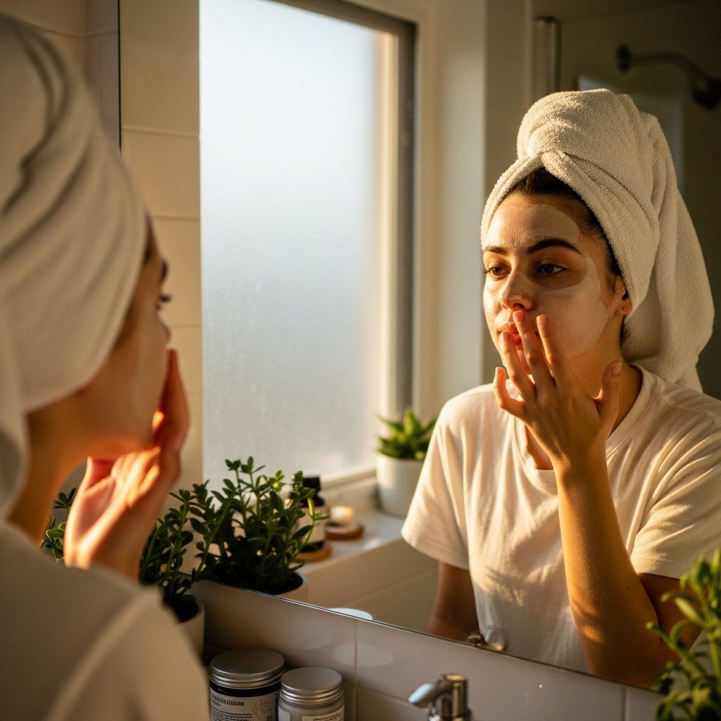young woman applying natural face mask with fingertips in front of bathroom mirror