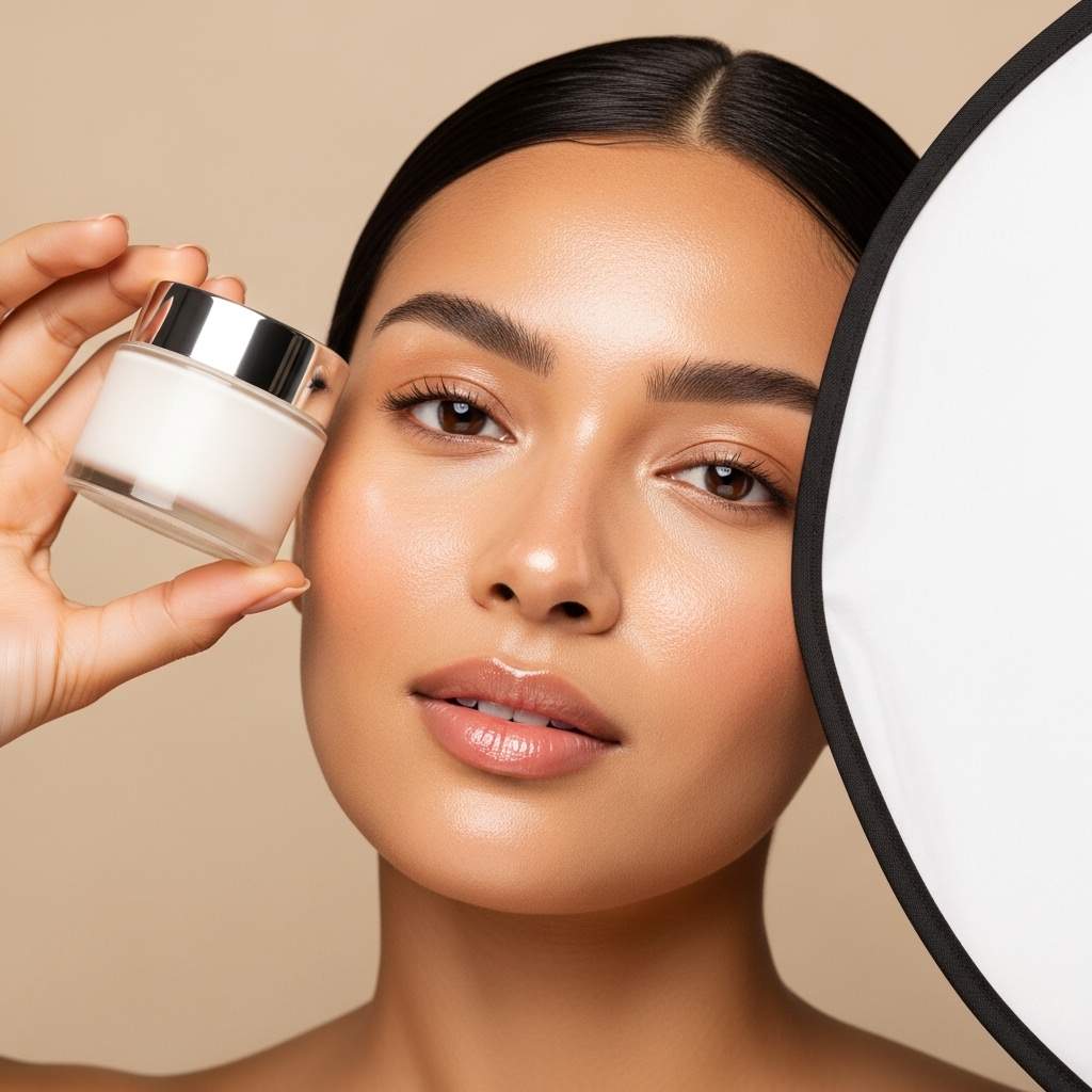 diverse woman with flawless, glass-skin texture holding a moisturizer jar near her face.