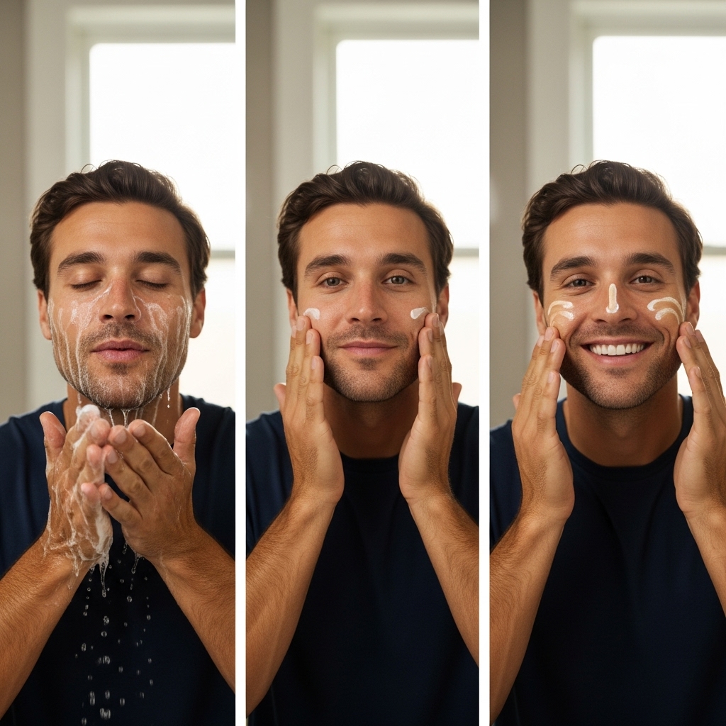 A series of 3 vertical panels showing the same man demonstrating each skincare step: