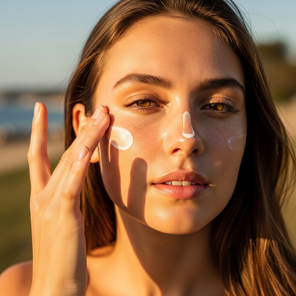 Young woman with sun-kissed, healthy skin applying sunscreen to her face outdoors with natural daylight.