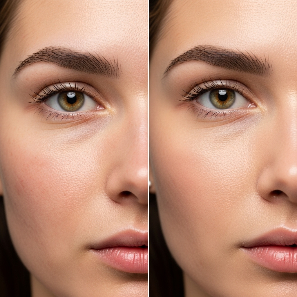 same person, left side showing skin with mild acne and redness, right side showing clear, radiant skin after treatment