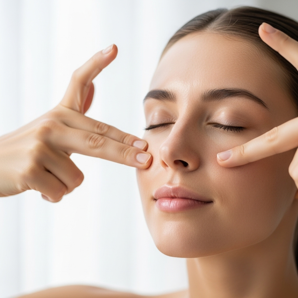Beautiful woman performing self-facial massage with fingertips on cheekbones, eyes closed in relaxation