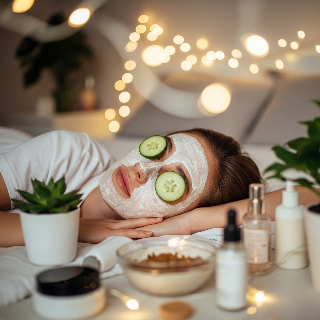 young person lying on bed with cucumber slices over eyes and natural face mask applied