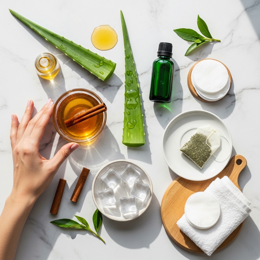 natural pimple remedies arranged aesthetically on white marble surface.