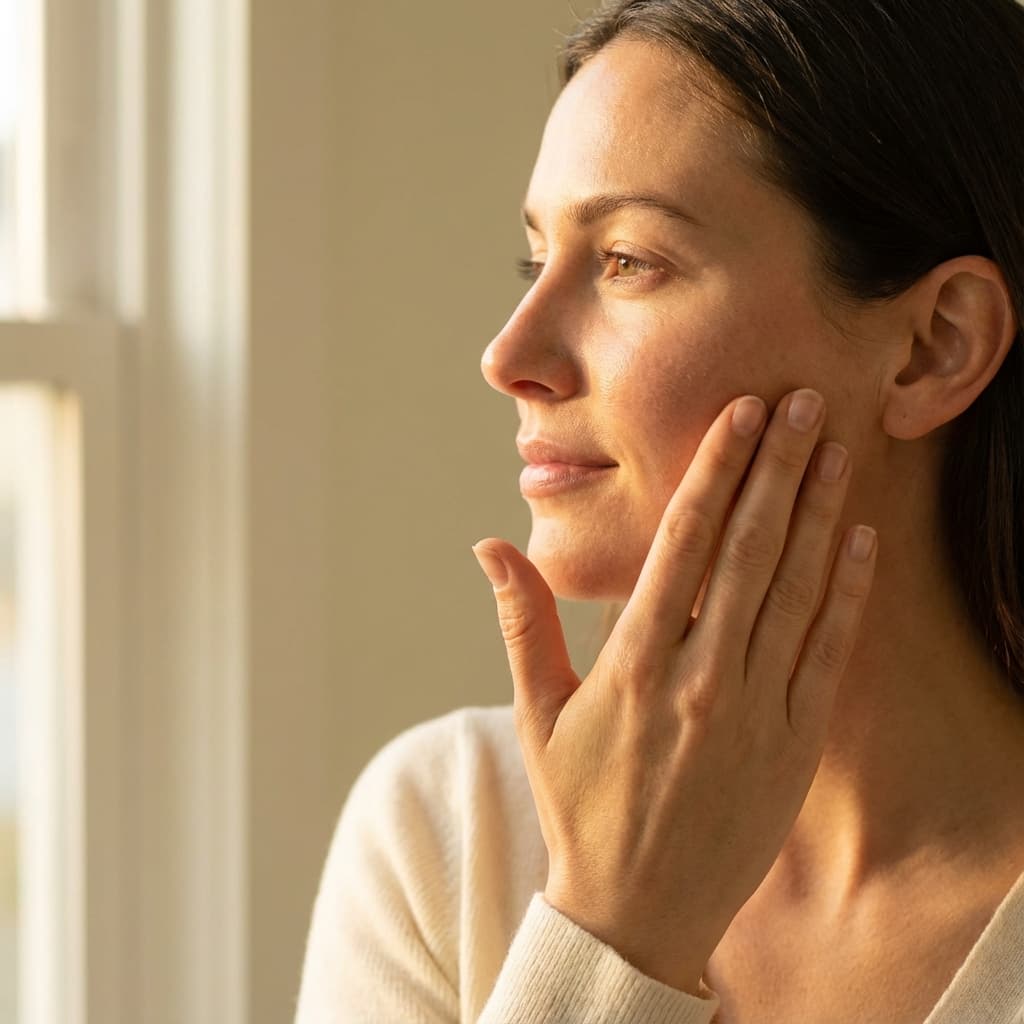 Facial Massage Technique:
"Side profile beauty shot of a woman performing upward facial massage movements with her fingertips on her cheekbones