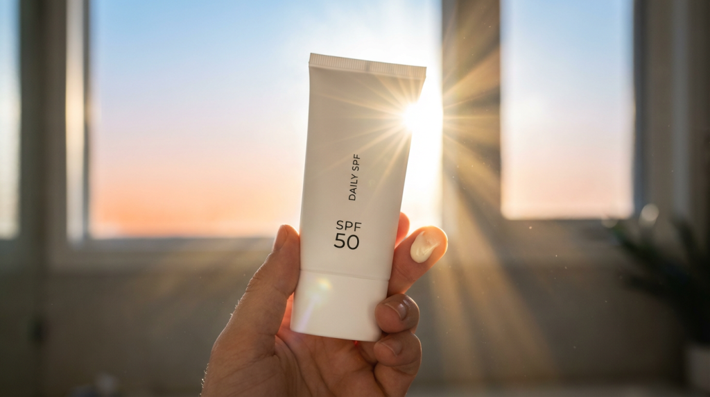 SPF tube with sun rays creating lens flare in background. Shot with Canon R5, 35mm f/1.4 lens at f/2.2 for natural depth