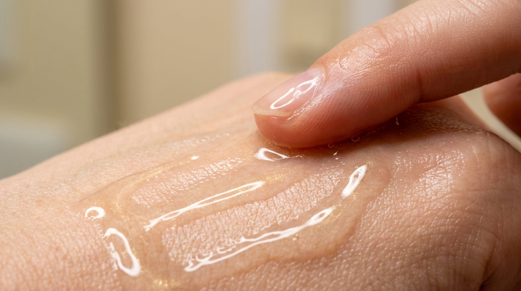 hyaluronic acid serum being applied to glowing skin with fingertips.