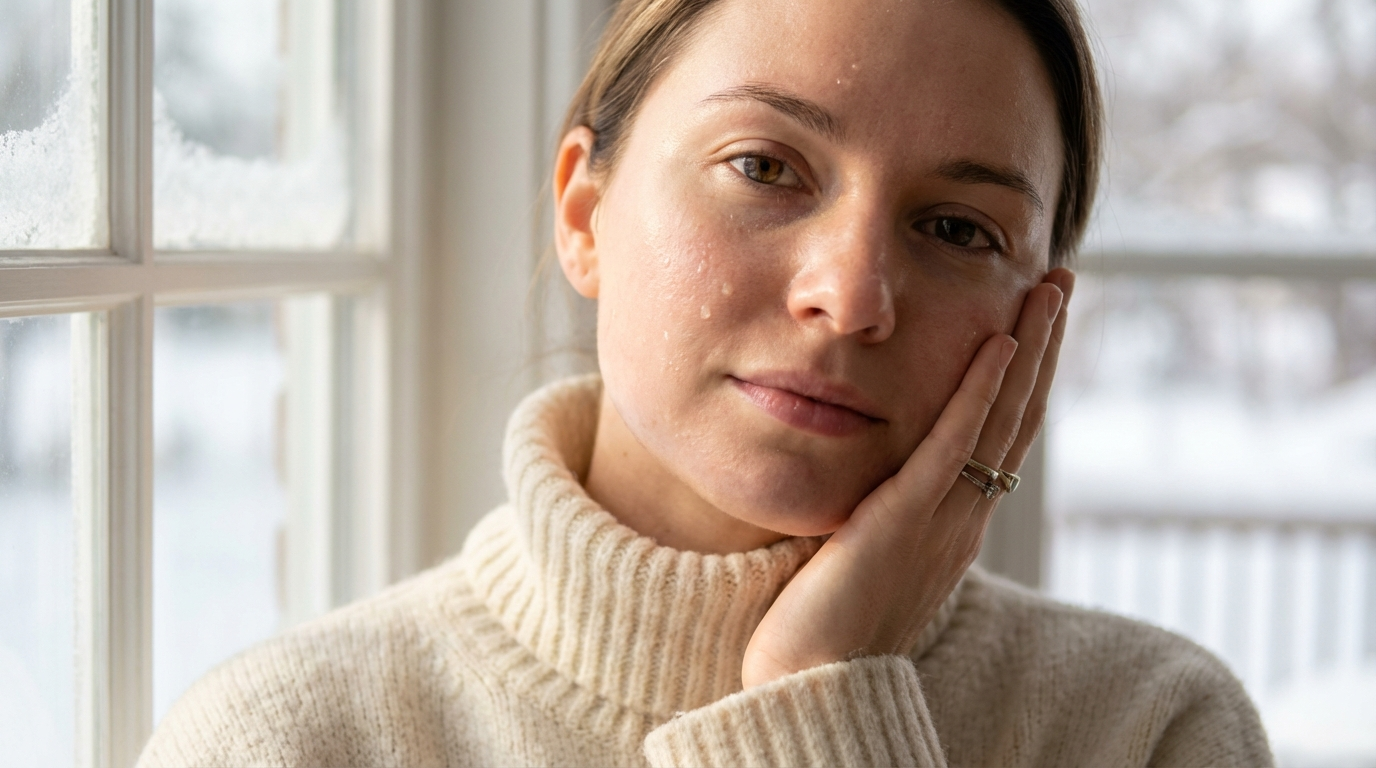 woman with glowing, dewy skin gently touching her hydrated cheek with winter scenery softly blurred in background