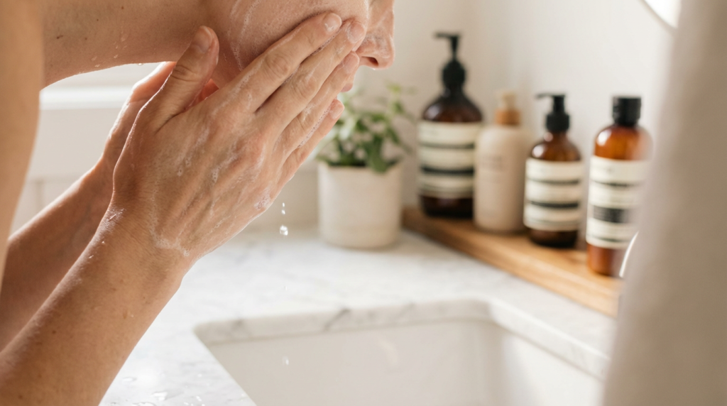 Hands cupping water and gently washing face with cream cleanser creating soft lather, shot with 50mm lens at f/2.8, bright bathroom