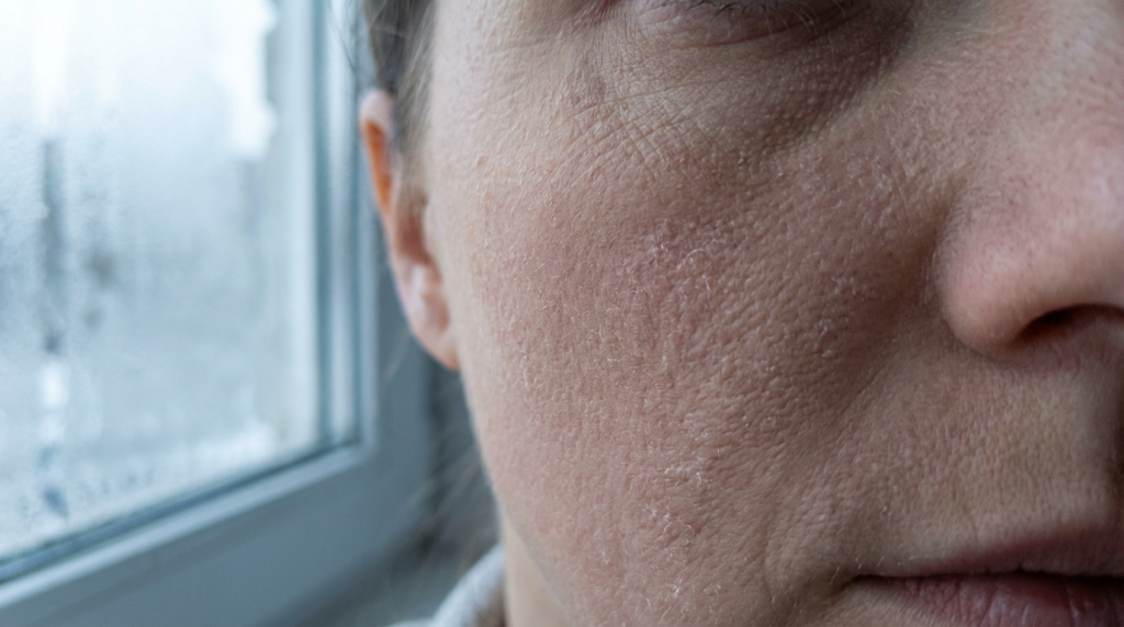 flaky skin on a woman's cheek with visible texture and rough patches, shot with 100mm macro lens at f/4.0 for sharp detail, diffused natural lighting to show texture honestly