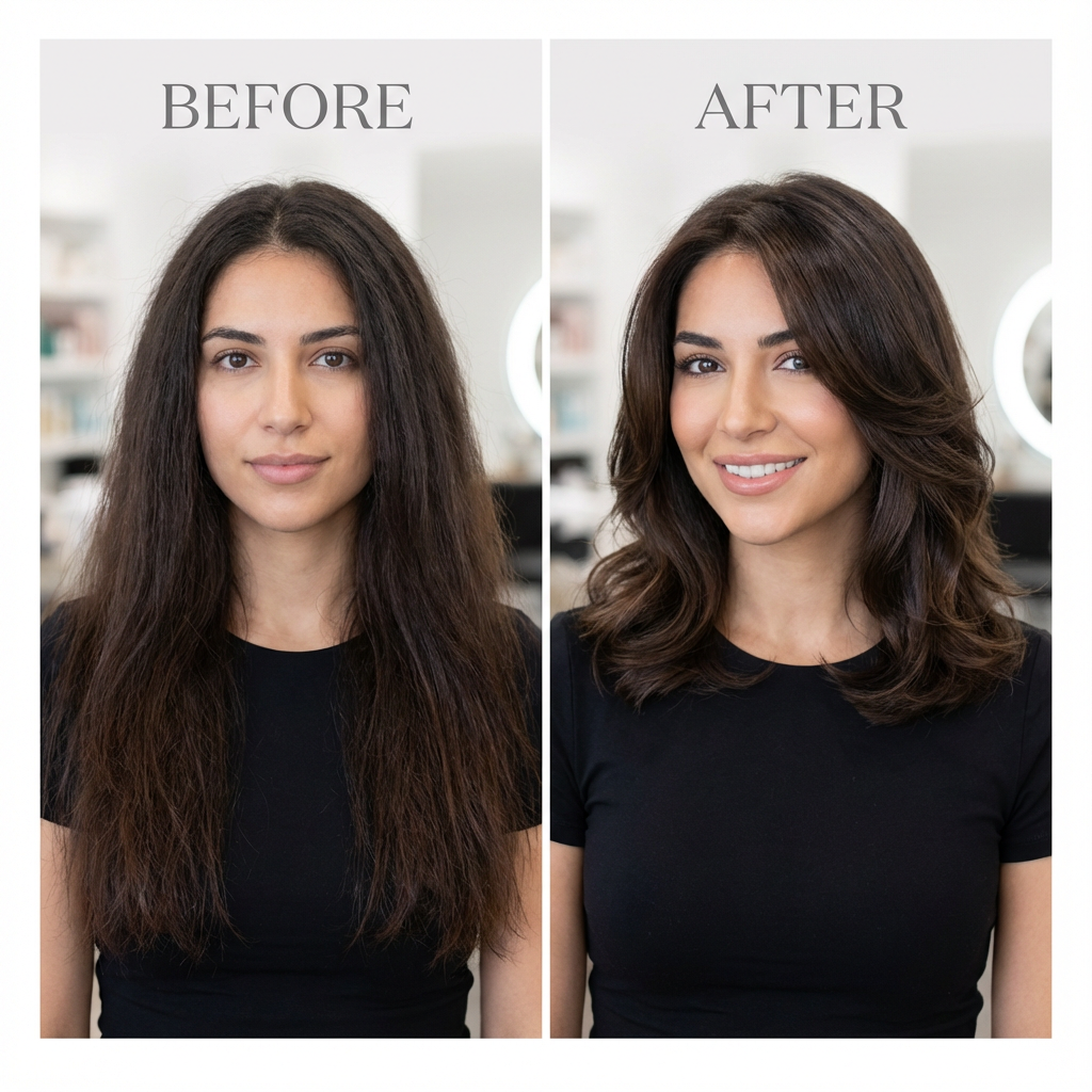 Dramatic before-and-after beauty transformation photography, side-by-side comparison of one-length hair versus shoulder length layered cut.